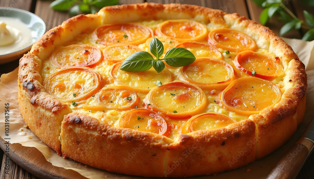 Homemade quiche with vegetables and herbs on rustic wooden background Homemade quiche with vegetables and herbs on rustic wooden background