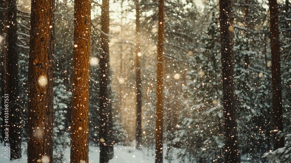 Fototapeta premium Enchanting Snowy Pine Forest at Sunset