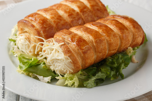 Appetizer Roules au fromage puff pastry tubes stuffed with Gruyere cheese and bechamel sauce close-up in a plate on the table. Horizontal photo