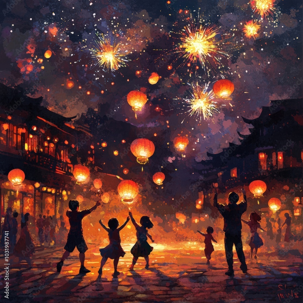 Families enjoying fireworks and lanterns during a festive Chinese celebration Families enjoying fireworks and lanterns during a festive Chinese celebration