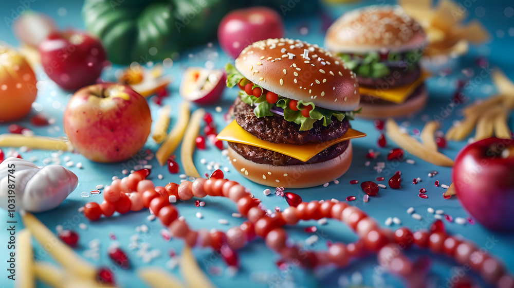 Junk Food Gene or fat mass and obesity associated genetics or FTO as a Fast-food concept with a DNA strand representing genetics and unhealthy eating Junk Food Gene or fat mass and obesity associated genetics or FTO as a Fast-food concept with a DNA strand representing genetics and unhealthy eating
