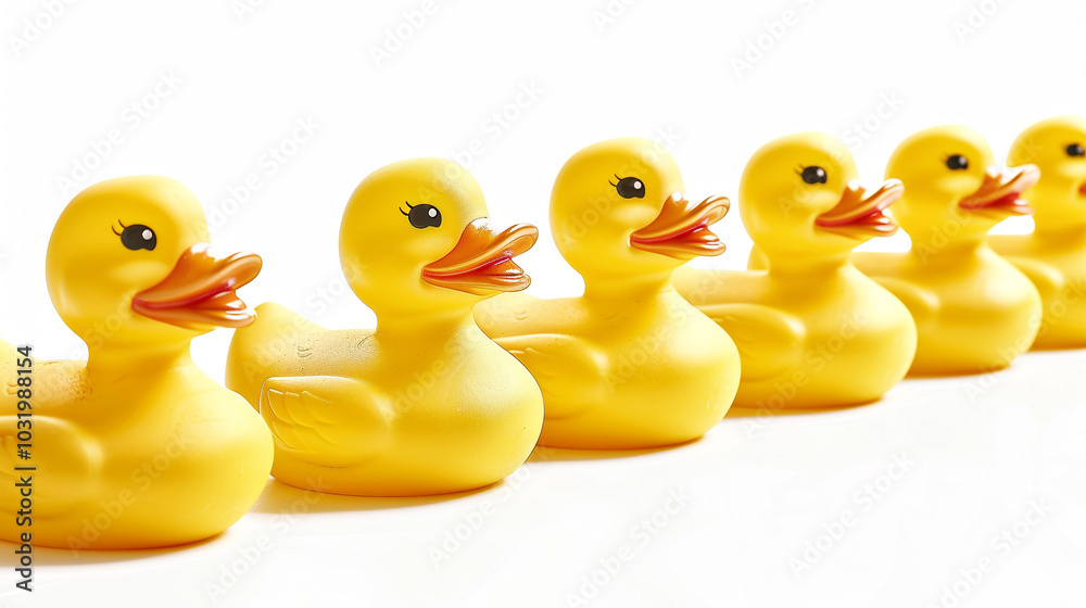 yellow rubber bath ducks in a row, isolated on white yellow rubber bath ducks in a row, isolated on white