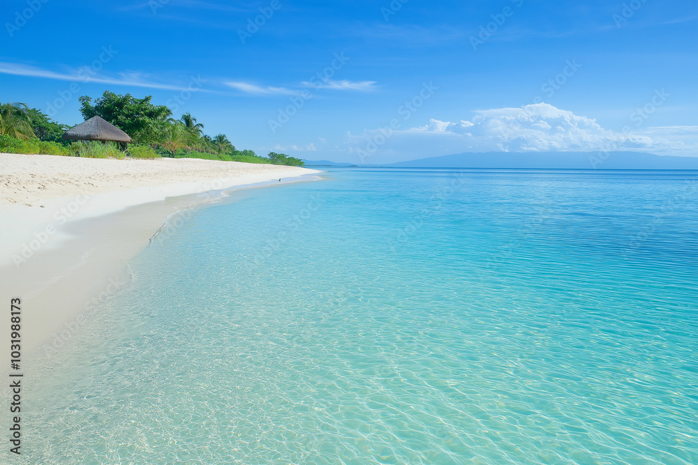 A beautiful beach with a clear blue ocean and a small hut in the background A beautiful beach with a clear blue ocean and a small hut in the background