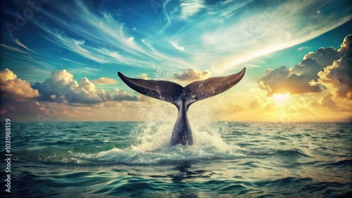 Vintage Whale Tail Logo Design Template - Silhouette of a Whale Swimming in Ocean Water, Ideal for Marine Conservation and Nautical Branding Concepts