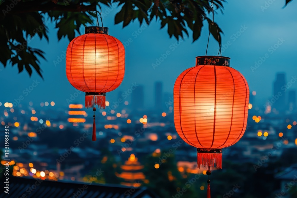 Obraz premium Red lanterns illuminating a cityscape at night, creating a vibrant cultural atmosphere.
