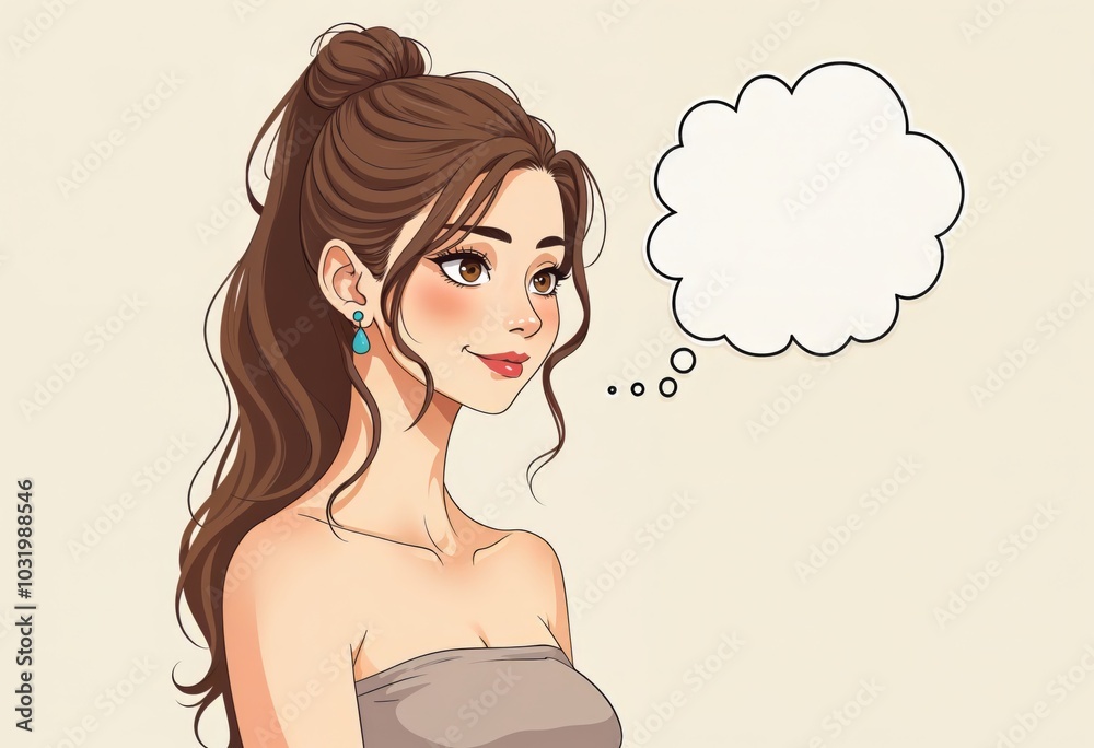 Young Woman with Brown Hair and Speech Bubble for Creative Communication Concepts Young Woman with Brown Hair and Speech Bubble for Creative Communication Concepts