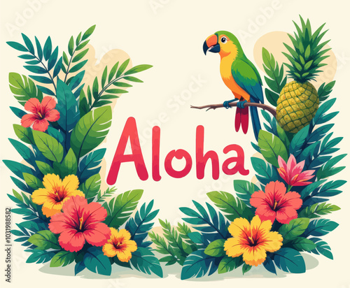 Aloha Tropical Parrot Illustration with Pineapple and Flowers