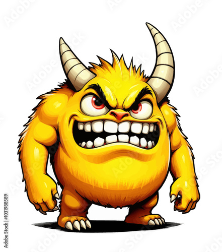 Angry Yellow Monster with Horns and Sharp Teeth