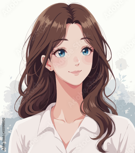 Anime girl with brown hair and blue eyes smiling 
