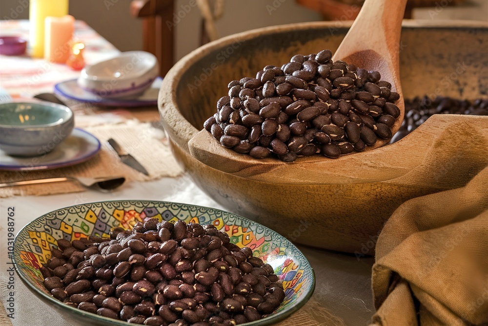Black beans in wooden spoon and ceramic bowl Black beans in wooden spoon and ceramic bowl