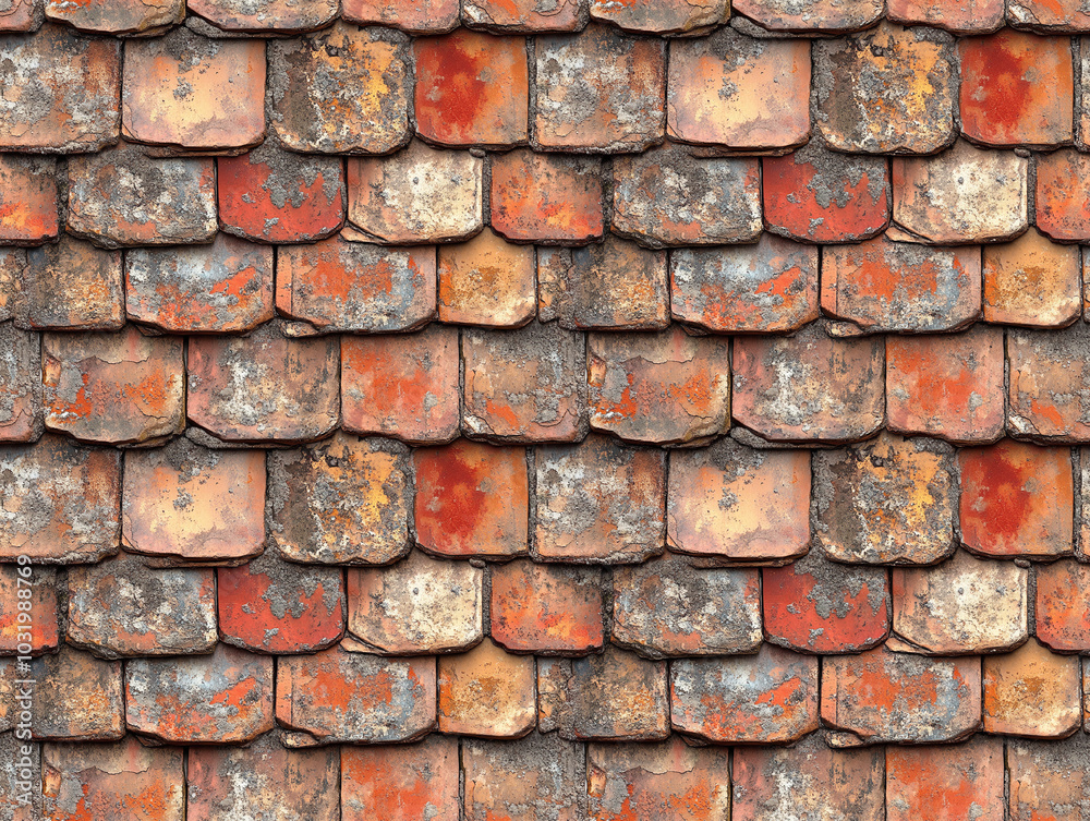 Rustic Weathered Roof Tiles with Colorful Patina in a Symmetrical Pattern seamless pattern Rustic Weathered Roof Tiles with Colorful Patina in a Symmetrical Pattern seamless pattern