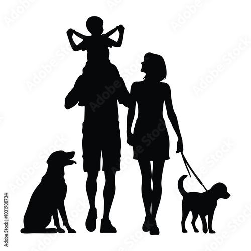 Silhouette of a black family holding handsets vector with white background