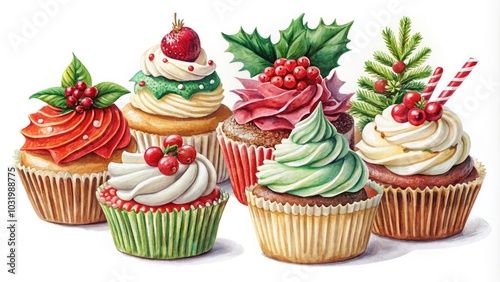 Wallpaper Mural Watercolor Christmas Cupcakes and New Year Desserts Collection - Festive Treats Isolated on White Background for Holiday Celebrations and Seasonal Baking Inspiration Torontodigital.ca