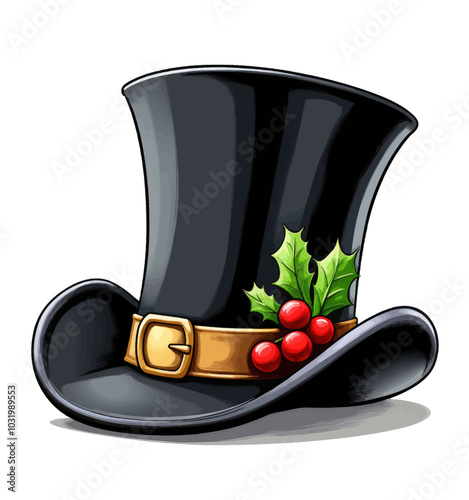 Black Top Hat with Holly and Berries 
