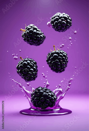 Blackberries Splashing in Purple Liquid  
