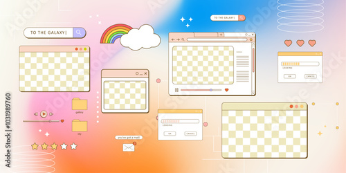 aesthetic retro computer browser 90s vaporwave style with smile daisy flower. Retrowave pc desktop with 404 error message boxes and popup user interface elements
