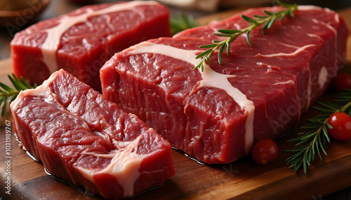 Raw beef steaks with rosemary on wooden board