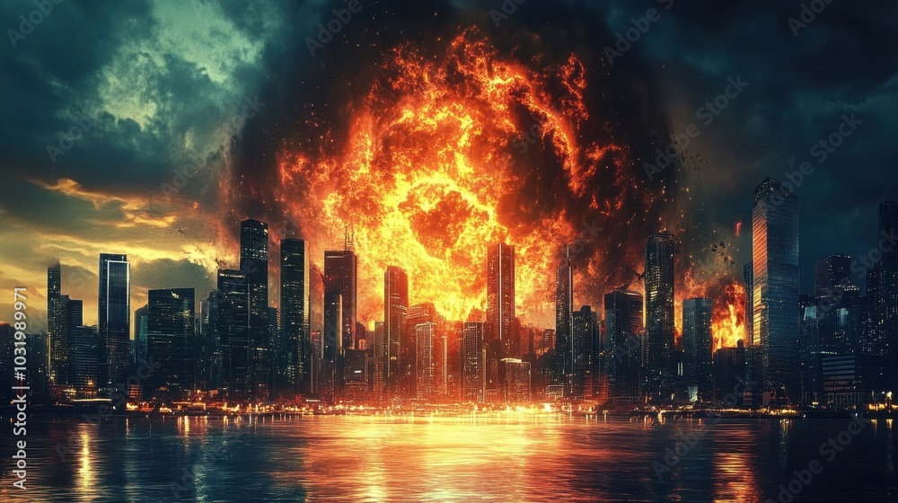 Catastrophic Explosion Over an Urban Landscape A Dystopian Future Unfolds in Flames and Ashes Catastrophic Explosion Over an Urban Landscape A Dystopian Future Unfolds in Flames and Ashes