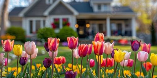 Colorful tulip garden in full bloom with a beautiful house during sunset in springtime