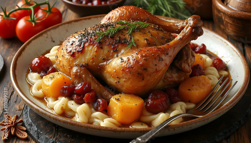 Roasted whole chicken with vegetables and potatoes