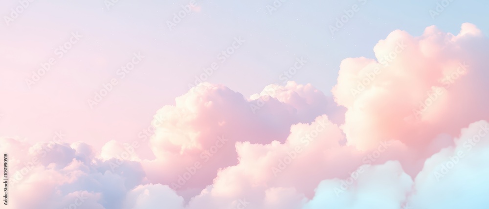 A serene sky filled with soft, fluffy clouds in pastel colors. The clouds are predominantly pink and lavender, creating a dreamy atmosphere against a light blue sky. Generative AI A serene sky filled with soft, fluffy clouds in pastel colors. The clouds are predominantly pink and lavender, creating a dreamy atmosphere against a light blue sky. Generative AI