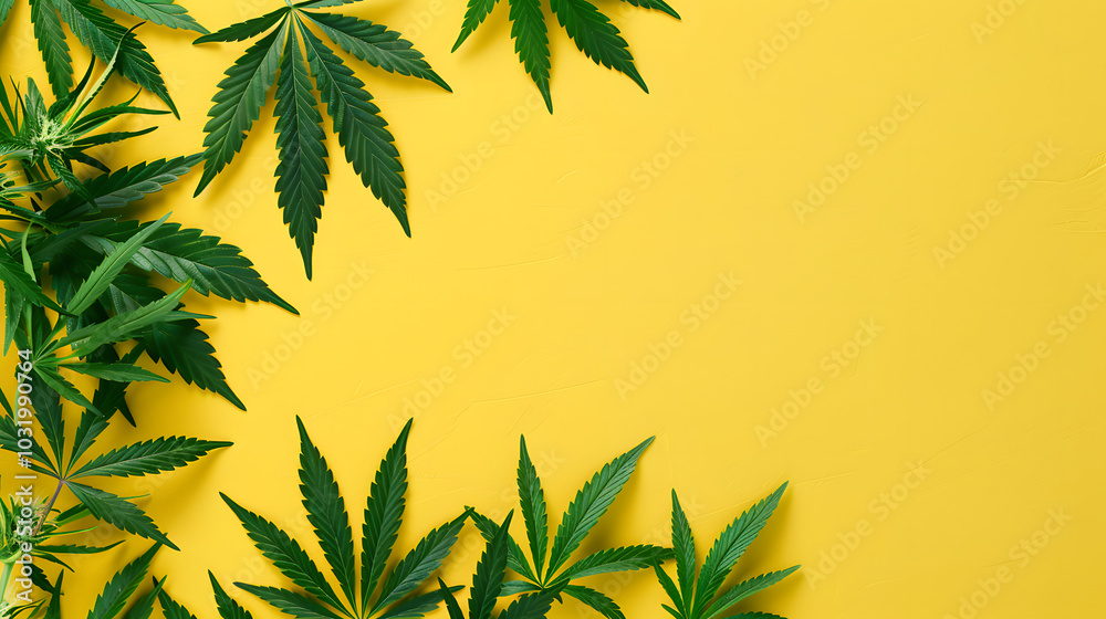 Cannabis Leaves on a Yellow Background with Blank Space in the Middle. Cannabis Leaves on a Yellow Background with Blank Space in the Middle.