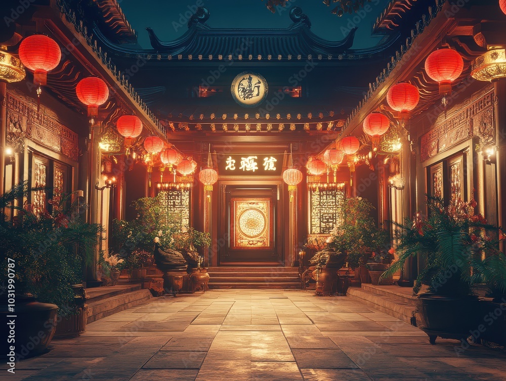 Fototapeta premium Traditional Chinese courtyard illuminated by red lanterns at night.