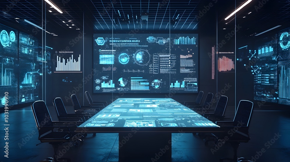 Futuristic AI Driven Marketing Presentation with Holographic Displays and Data Analytics Futuristic AI Driven Marketing Presentation with Holographic Displays and Data Analytics