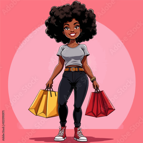 Cartoon Woman Shopping with Bags 
