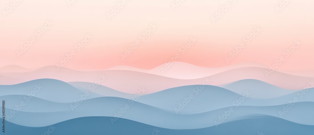 Undulating blue waves in the foreground transition to gentle pink mountains and clouds in the background. Generative AI gradient background. Undulating blue waves in the foreground transition to gentle pink mountains and clouds in the background. Generative AI gradient background.