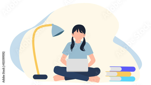 Flat vector illustration of a girl studying and online learning and concept of students using computers for learning
