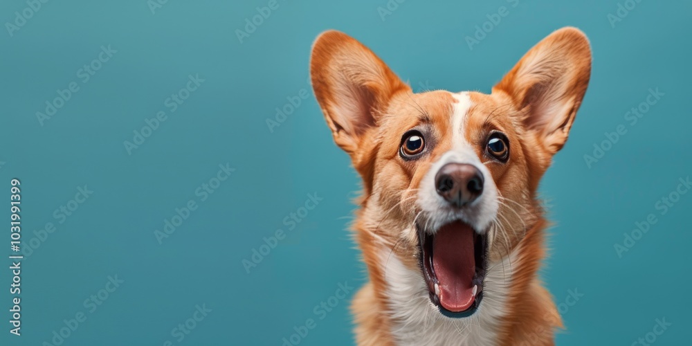 Excited corgi with wide eyes and open mouth against a teal background indoors Excited corgi with wide eyes and open mouth against a teal background indoors