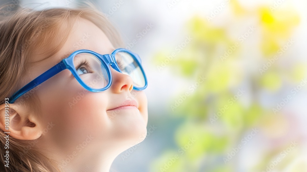 Young child wearing blue glasses focusing on distant tree outside window, symbolizing myopia prevention and importance of outdoor activities. Young child wearing blue glasses focusing on distant tree outside window, symbolizing myopia prevention and importance of outdoor activities.