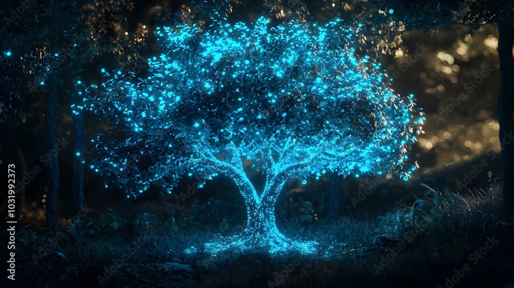 Captivating Bioluminescent Tree Illuminating a Mysterious Forest with Glowing Synthetic Biology Captivating Bioluminescent Tree Illuminating a Mysterious Forest with Glowing Synthetic Biology