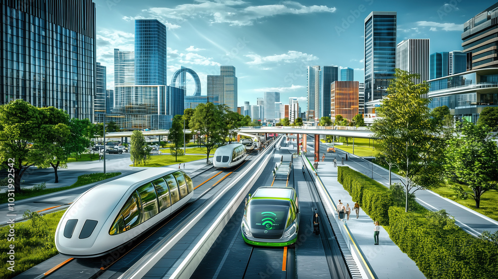 Fototapeta premium Futuristic City Transportation System with Advanced Artificial Intelligence Integrating Eco-Friendly Solutions for a Green Smart City in Hyper-Realistic Detail