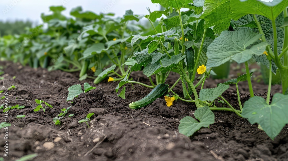 A closeup of a cucumber plant in a garden, with a green cucumber and yellow flowers. The plant is growing in rich, dark soil. A closeup of a cucumber plant in a garden, with a green cucumber and yellow flowers. The plant is growing in rich, dark soil.