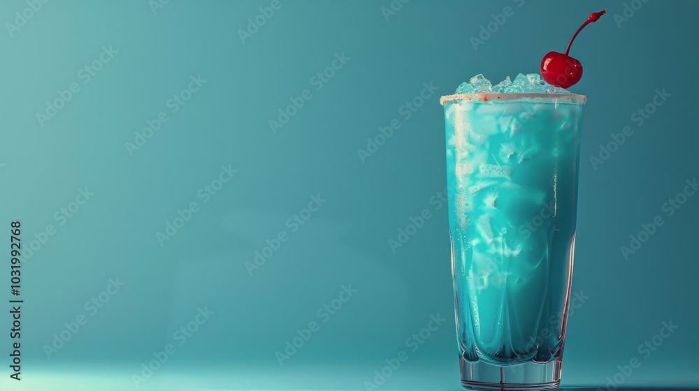 Refreshing blue cocktail served with cherries on ice in a bright setting Refreshing blue cocktail served with cherries on ice in a bright setting