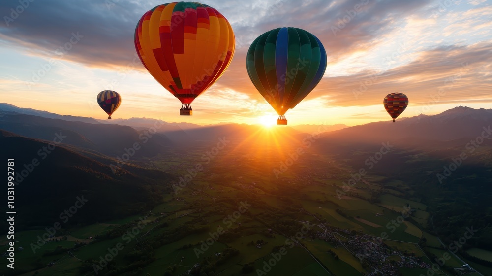 A serene spectacle of hot air balloons gently drifting above an expansive valley under a rising sun, inspiring awe and tranquility with their timeless elegance. A serene spectacle of hot air balloons gently drifting above an expansive valley under a rising sun, inspiring awe and tranquility with their timeless elegance.