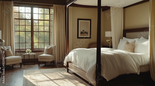 Experience Luxurious Comfort in a Serene Master Suite Featuring a Elegant Four-Poster Bed for Ultimate Relaxation