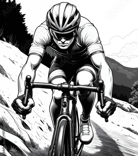 Cyclist on Hillside in Black and White 
