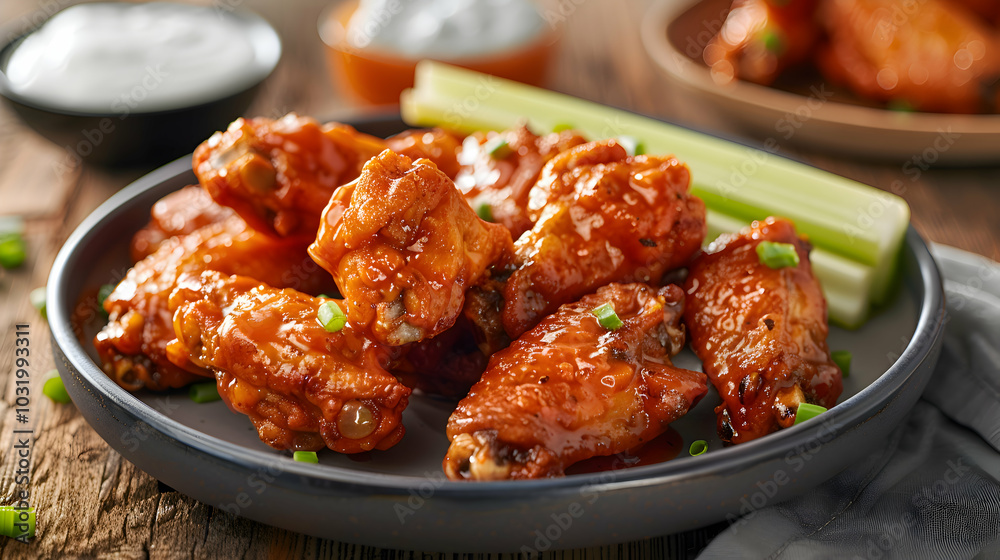 A plate of crispy buffalo chicken wings with a side of celery and blue cheese dressing A plate of crispy buffalo chicken wings with a side of celery and blue cheese dressing