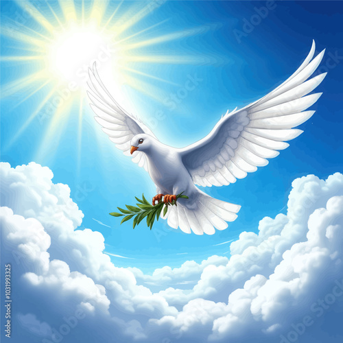Dove with Olive Branch in Blue Sky