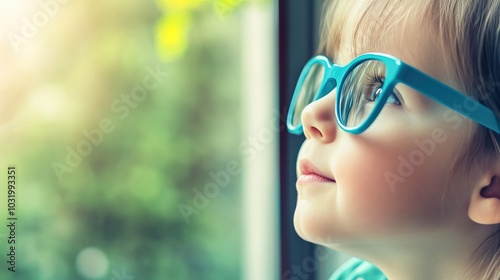 Young child wearing blue glasses focusing on distant tree outside window, symbolizing myopia prevention and importance of outdoor activities.