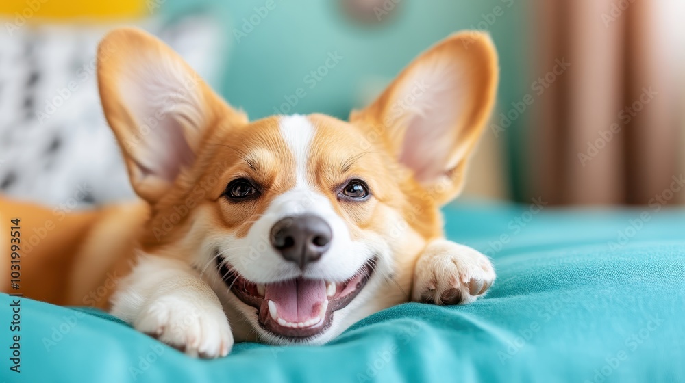 A cheerful corgi with large ears relaxes happily on a teal cushion, embodying comfort and joy, capturing joyful simplicity and coziness in a serene setting. A cheerful corgi with large ears relaxes happily on a teal cushion, embodying comfort and joy, capturing joyful simplicity and coziness in a serene setting.