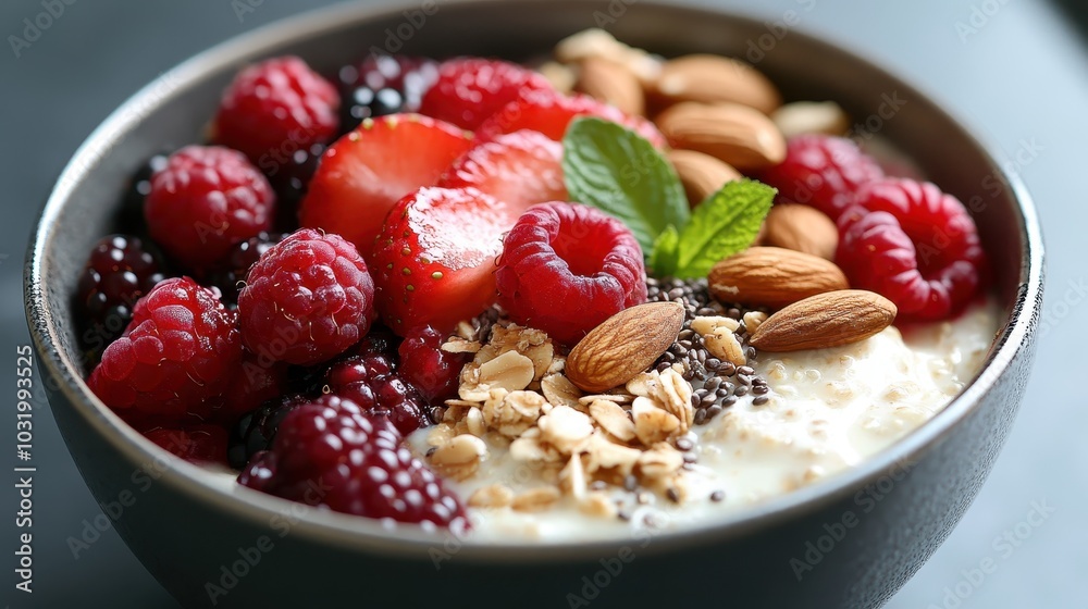 A wholesome bowl filled with a variety of fresh berries, almonds, and seeds, offering a nourishing and visually appealing treat that is both healthful and delicious. A wholesome bowl filled with a variety of fresh berries, almonds, and seeds, offering a nourishing and visually appealing treat that is both healthful and delicious.