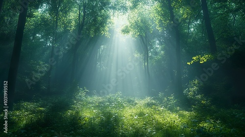 Foggy Forest Sunbeams: A Magical Morning Scene