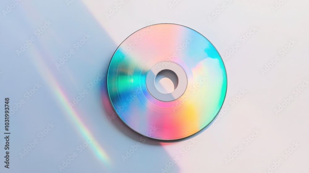 single CD disc on a white background, with rainbow-colored reflections shimmering across single CD disc on a white background, with rainbow-colored reflections shimmering across
