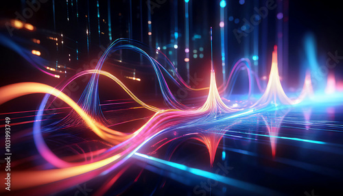 Abstract visualization of information and data exchange with luminous fiber optic threads, data flow, digital code data streaming on a dark, reflected on the black mirror