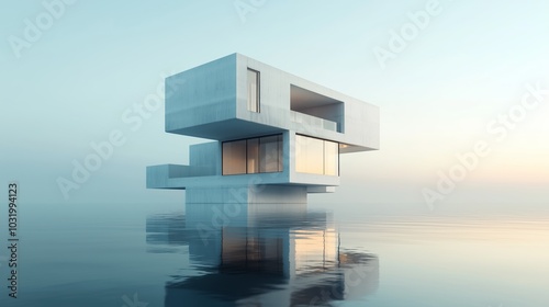 Modern minimalist house on water with reflection