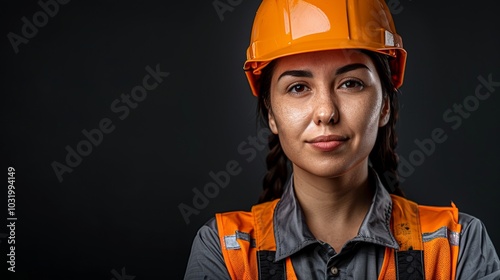 Confident Female Construction Worker in Hard Hat and Safety Vest